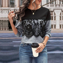 Floral Lace Contrast Round Neck Sweatshirt