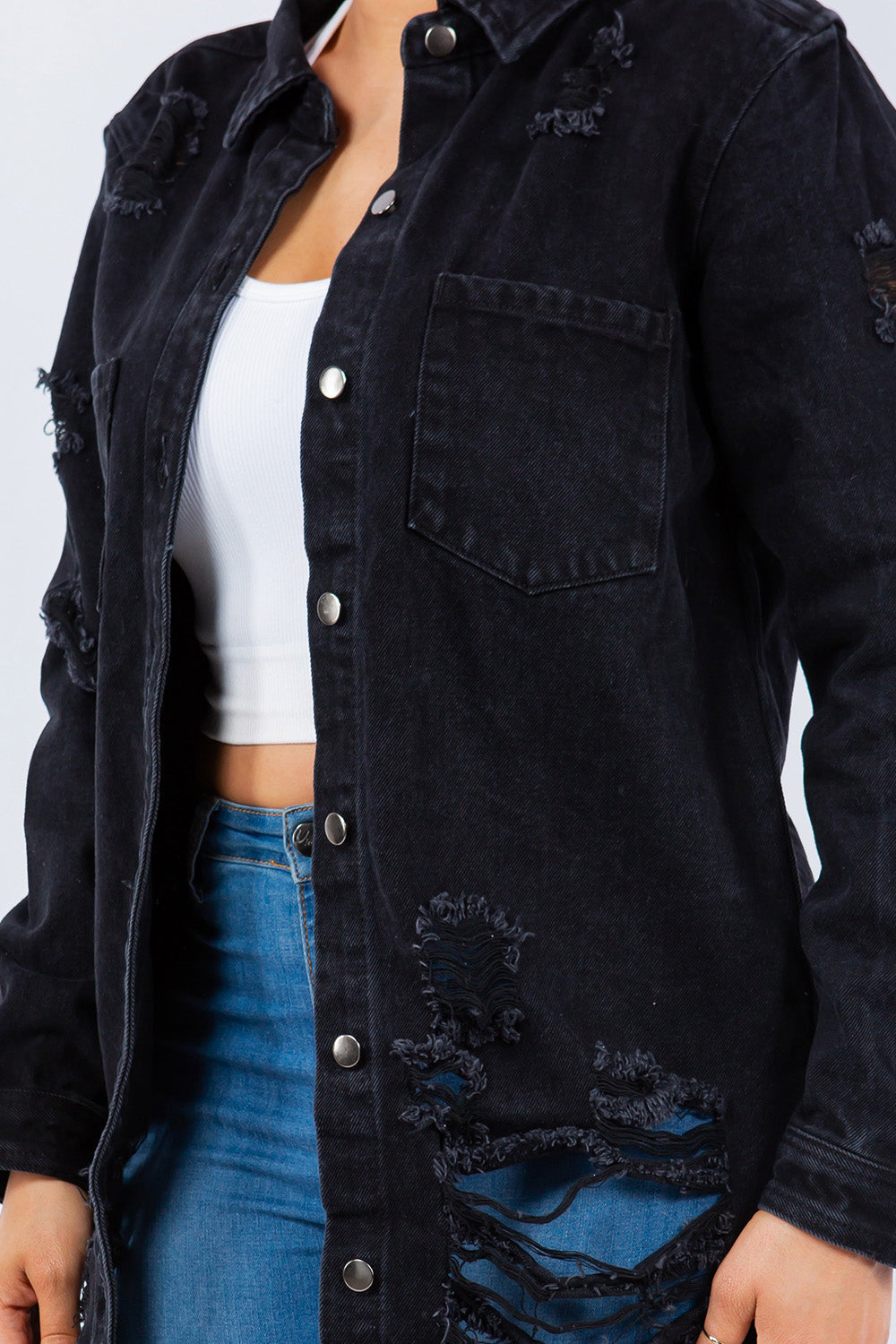 Distressed Button Up Long Sleeve Denim Jacket