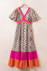 Leopard V-Neck Half Sleeve Maxi Dress