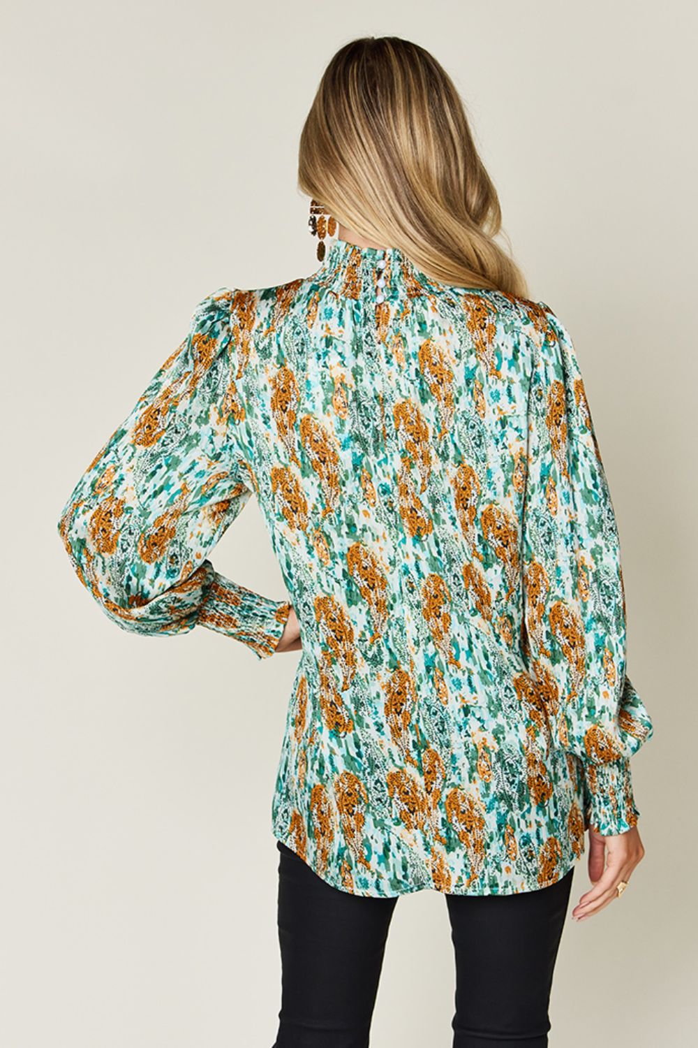 Full Size Printed Smocked Long Sleeve Blouse