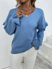 Ruffled V-Neck Dropped Shoulder Sweater