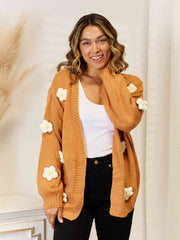 Flower Dropped Shoulder Open Front Cardigan