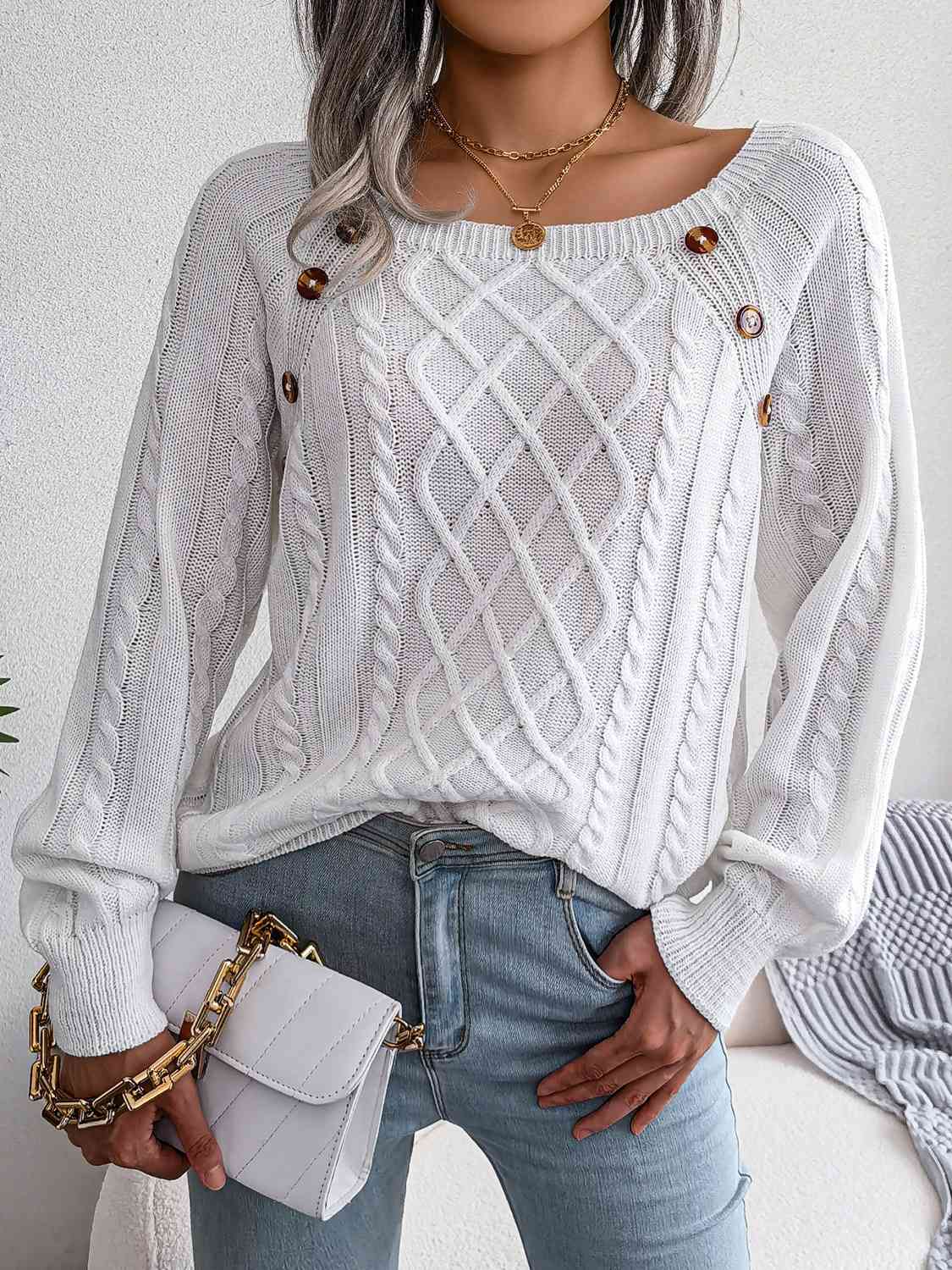 Fall Free Button Cable-Knit Sweater