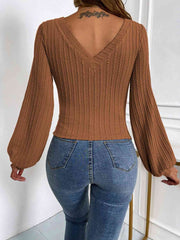 Elise Ribbed V-Neck Lantern Sleeve Top