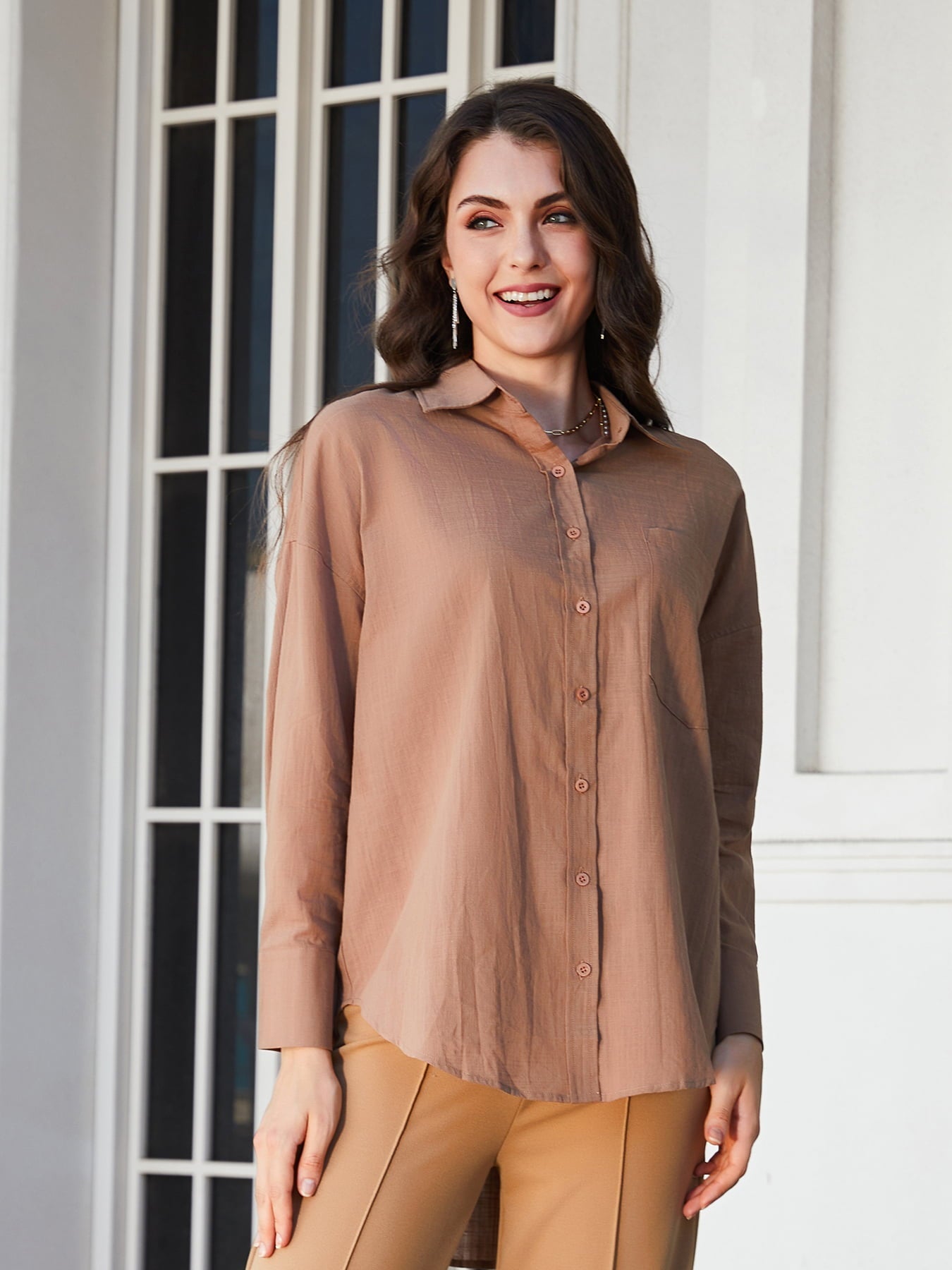 Dropped Shoulder Collared High-Low Shirt