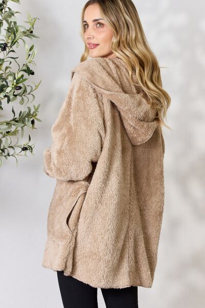 Faux Fur Open Front Hooded Jacket