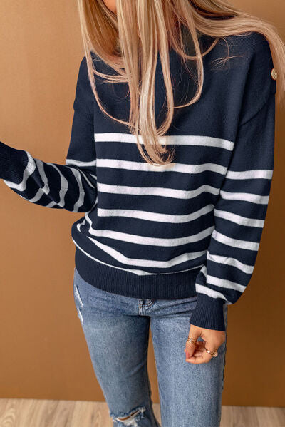 Striped Decorative Button Mock Neck Sweater