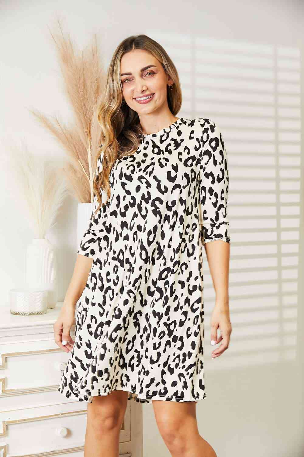 Full Size Leopard Three-Quarter Sleeve Dress with Pockets