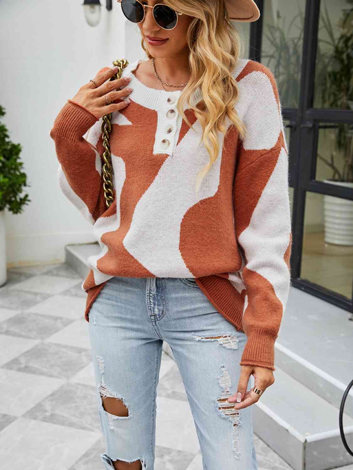 Buttoned Round Neck Drop Shoulder Sweater