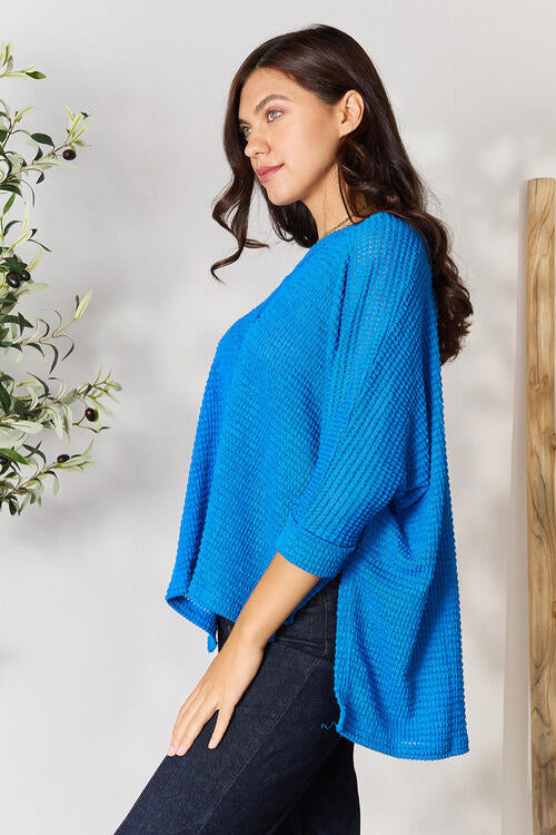 Full Size Round Neck High-Low Slit Knit Top