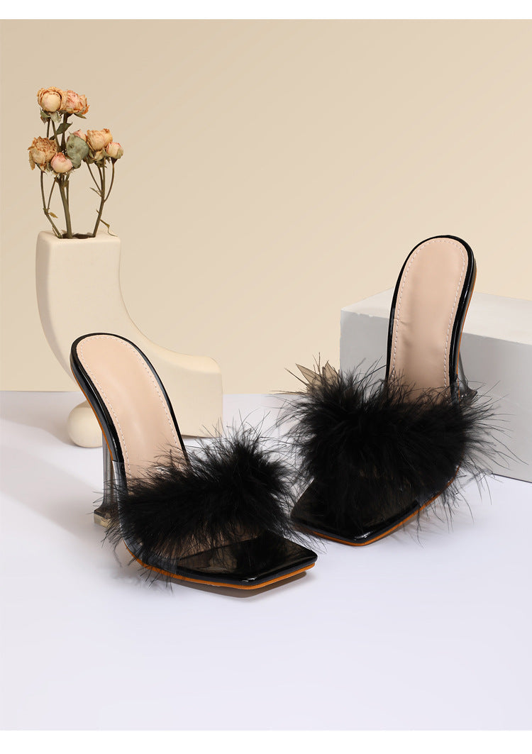 Furry Transparent Broadband Crystal Heels