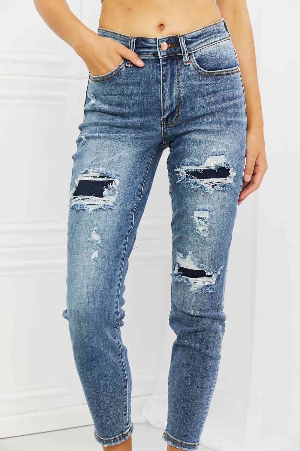 Dahlia Full Size Distressed Patch Jeans