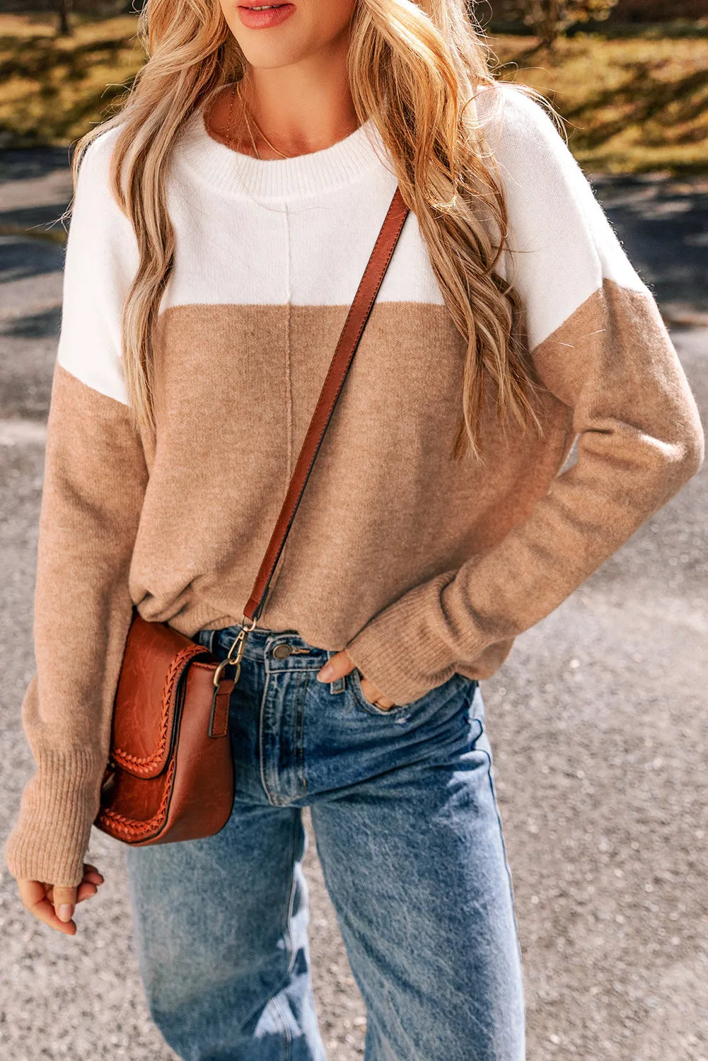 Color Block Round Neck Long Sleeve Sweater