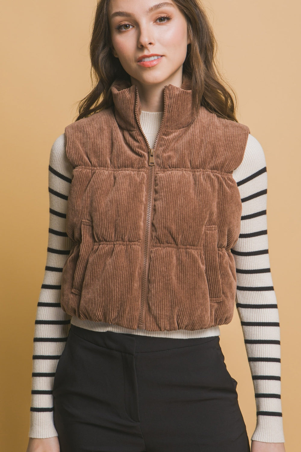 Corduroy Zip Up Puffer Vest with Pockets