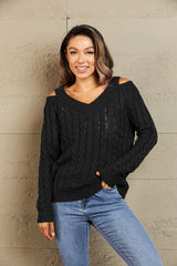 Cable-Knit Cold-Shoulder Long Sleeve Sweater