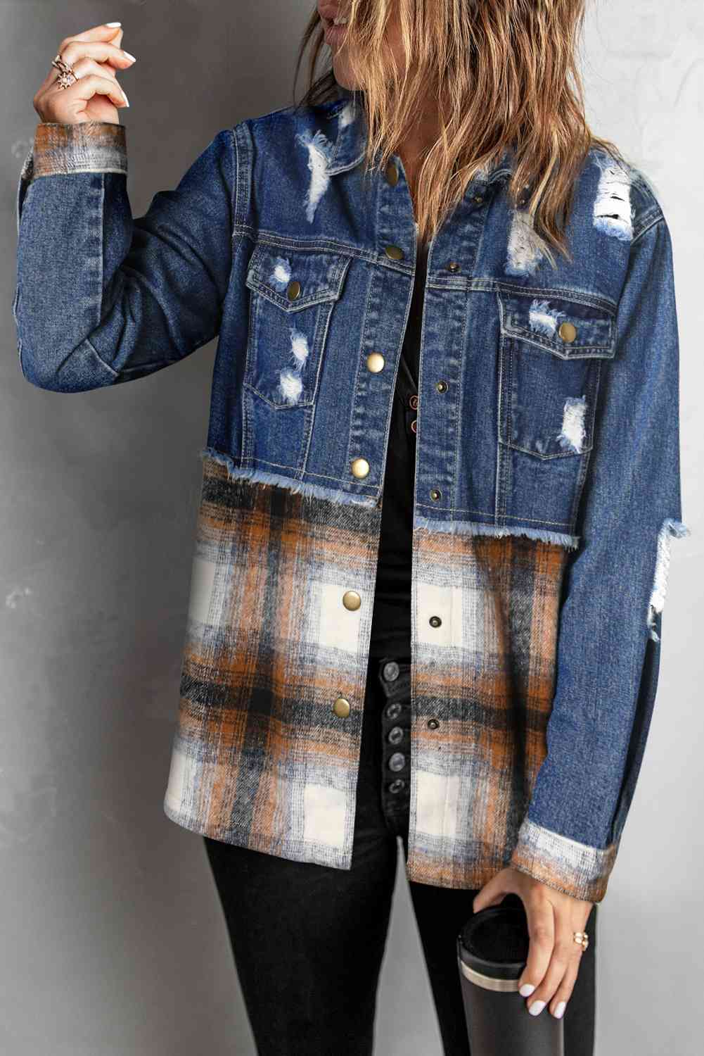 Plaid Distressed Raw Hem Snap Down Denim Jacket