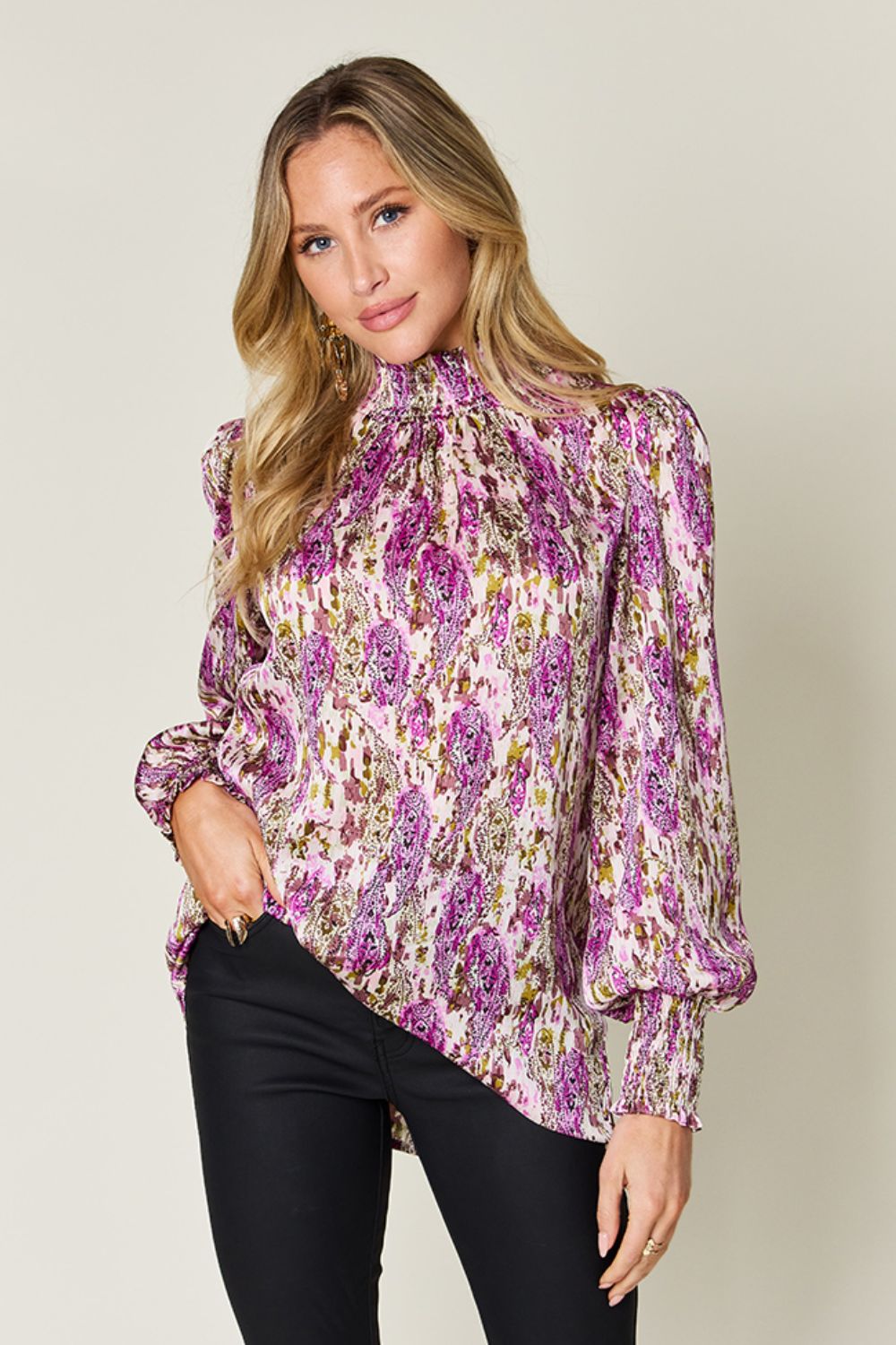 Full Size Printed Smocked Long Sleeve Blouse