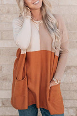 Orange Pocketed Color Block Patchwork Long Sleeve Top