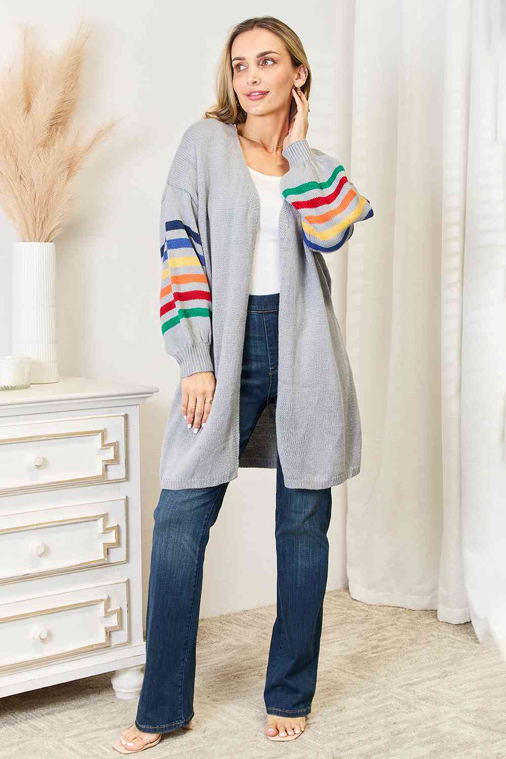 Multicolored Stripe Open Front Longline Cardigan