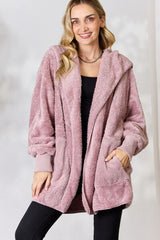 Faux Fur Open Front Hooded Jacket