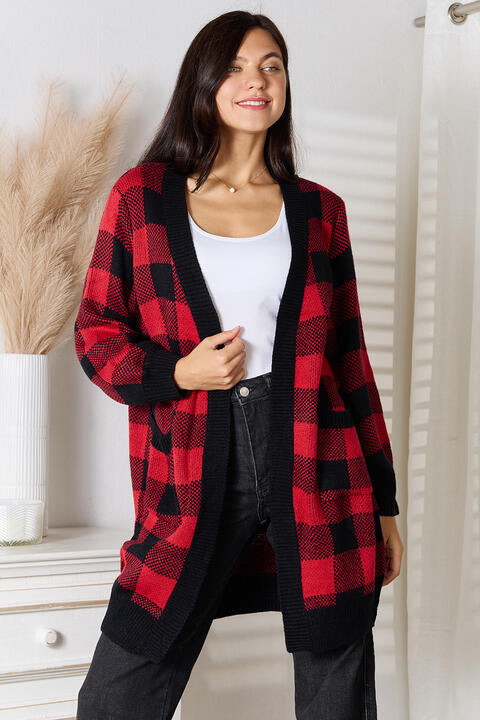 Full Size Plaid Open Front Cardigan with Pockets