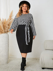 Plus Size Houndstooth Tied Long Sleeve Dress