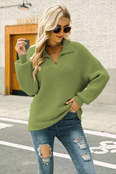 Ribbed Johnny Collar Pullover Sweater