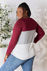 Full Size Striped Contrast Long Sleeve Blouse