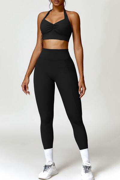 Ruched Halter Neck Bra and Pocketed Leggings Active Set