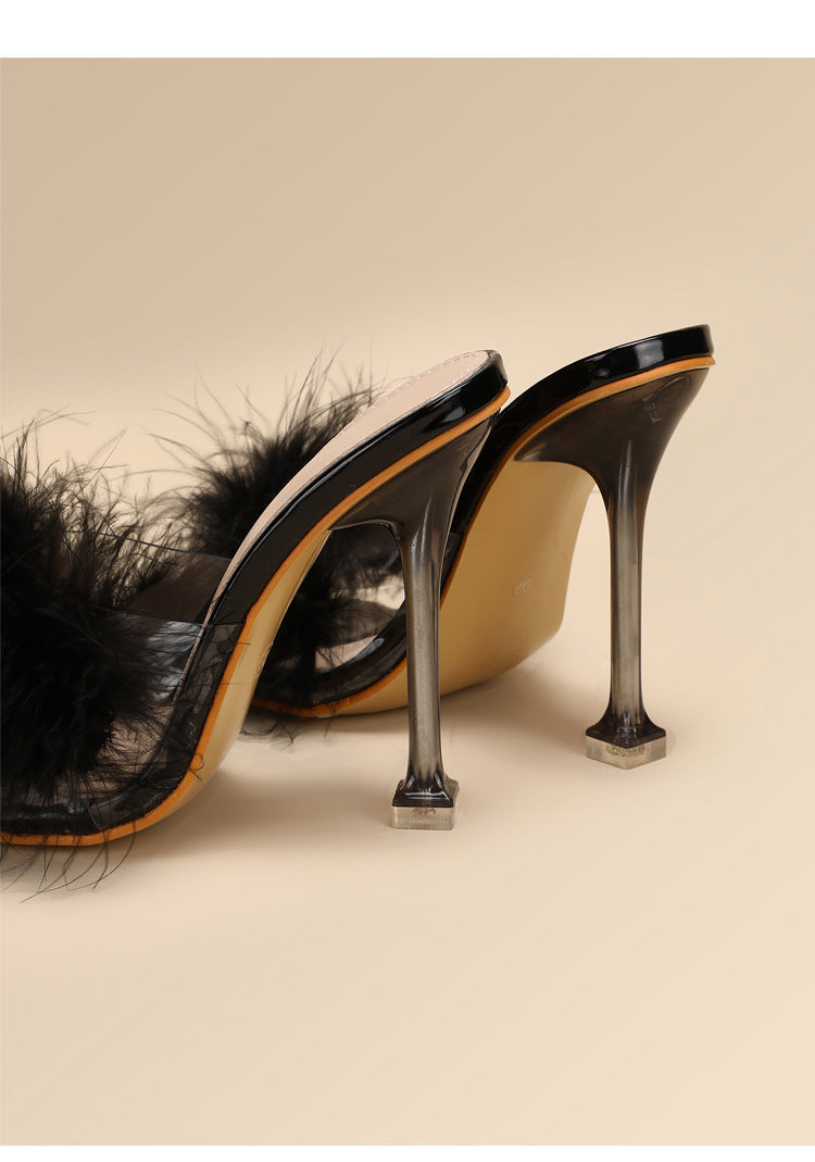 Furry Transparent Broadband Crystal Heels