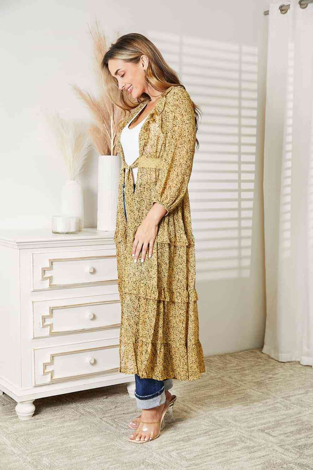 Full Size Tie Front Ruffled Duster Cardigan