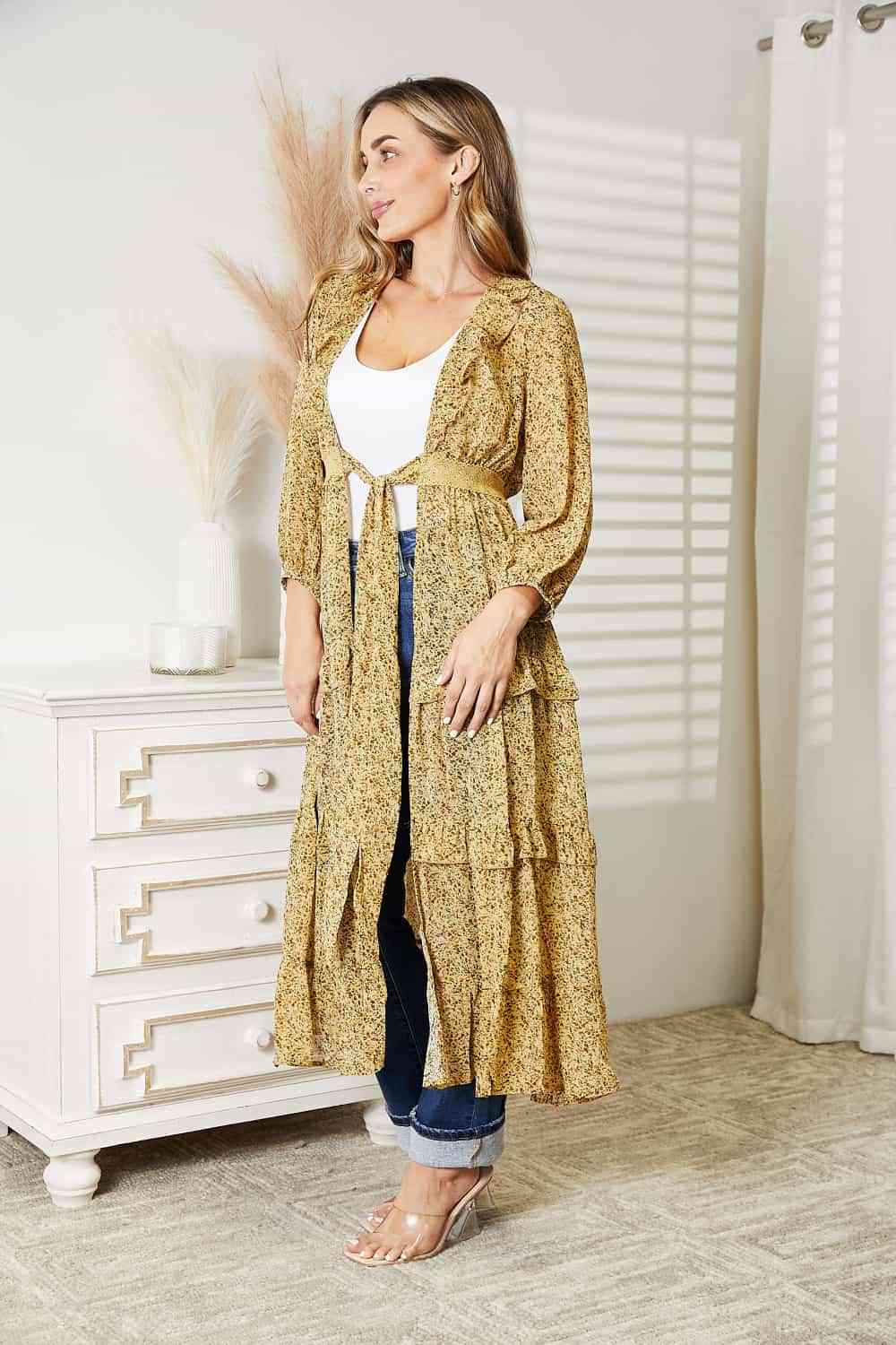 Full Size Tie Front Ruffled Duster Cardigan