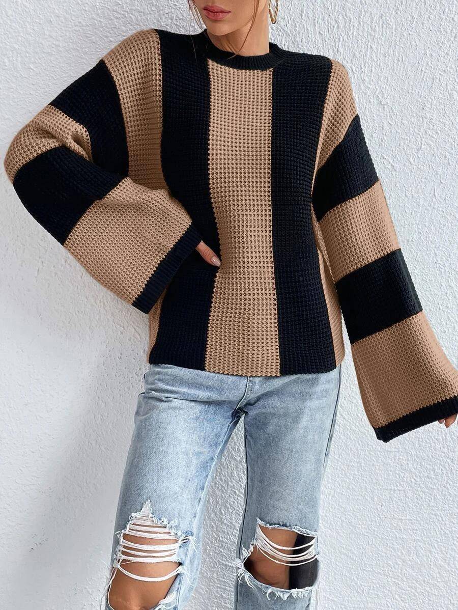 Crew Neck Waffle Drop Shoulder Knit Sweater