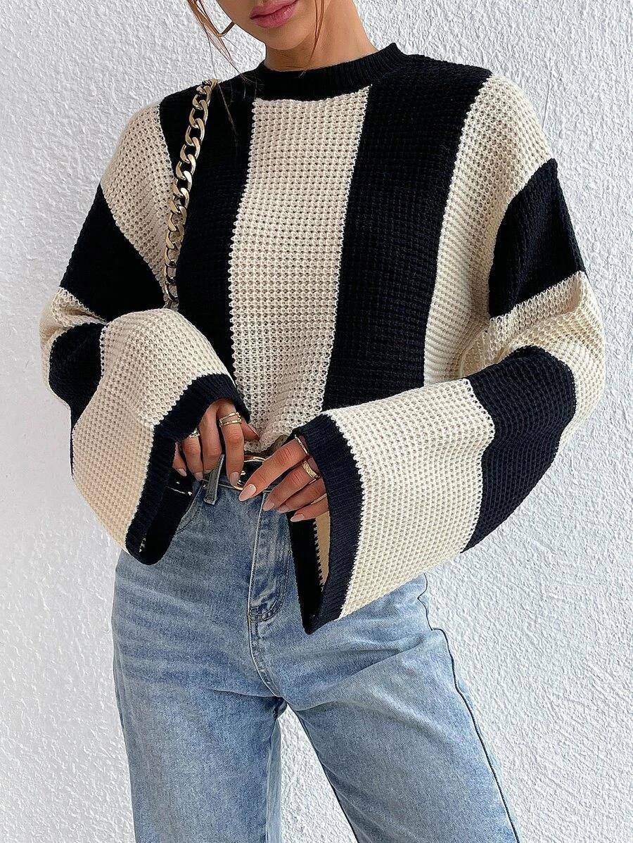 Crew Neck Waffle Drop Shoulder Knit Sweater