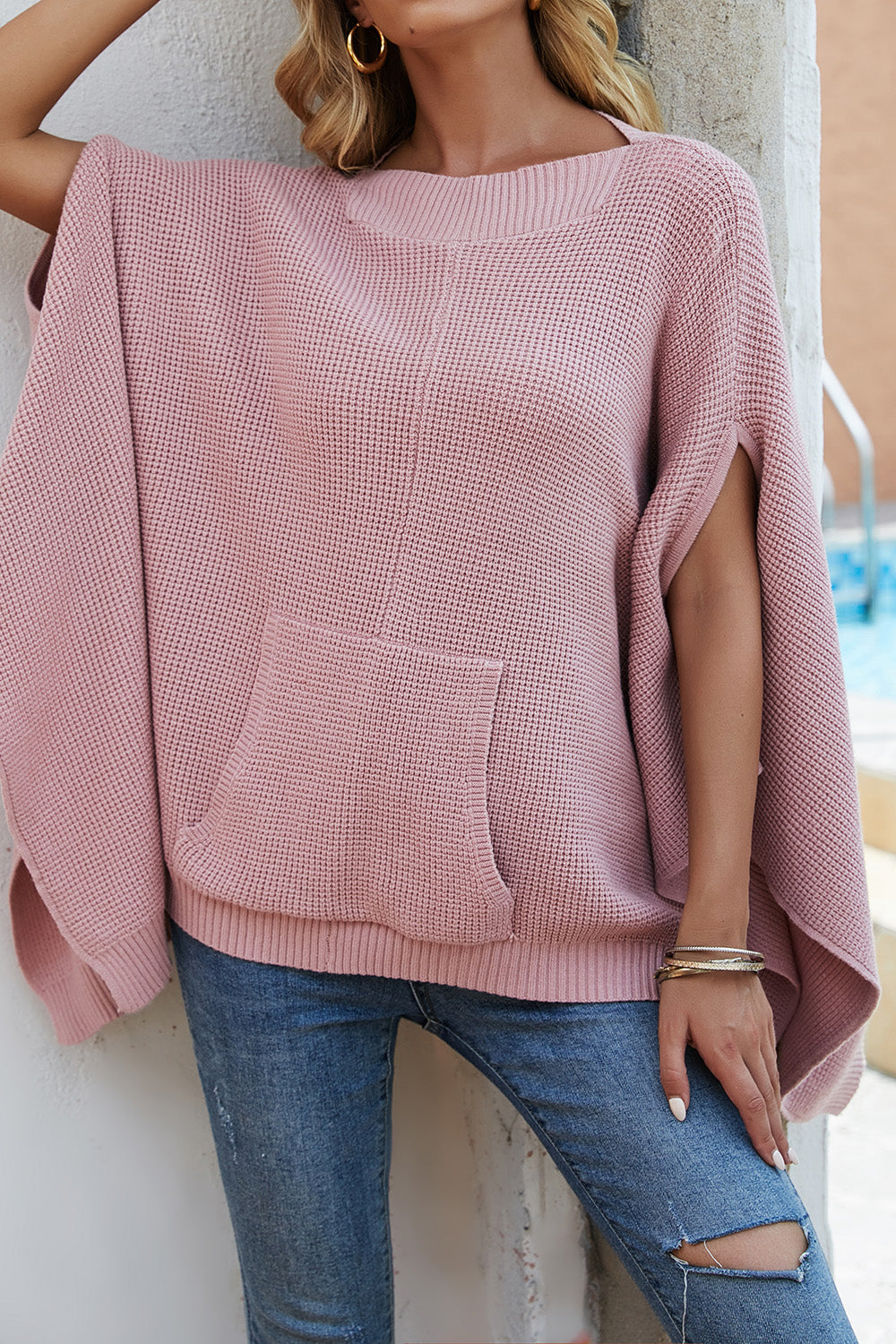 Waffle-Knit Pocketed Cape Sleeve Sweater