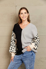 Leopard Color Block V-Neck Tunic Pullover Sweater