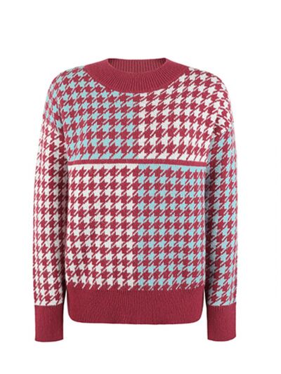 Houndstooth Round Neck Dropped Shoulder Sweater