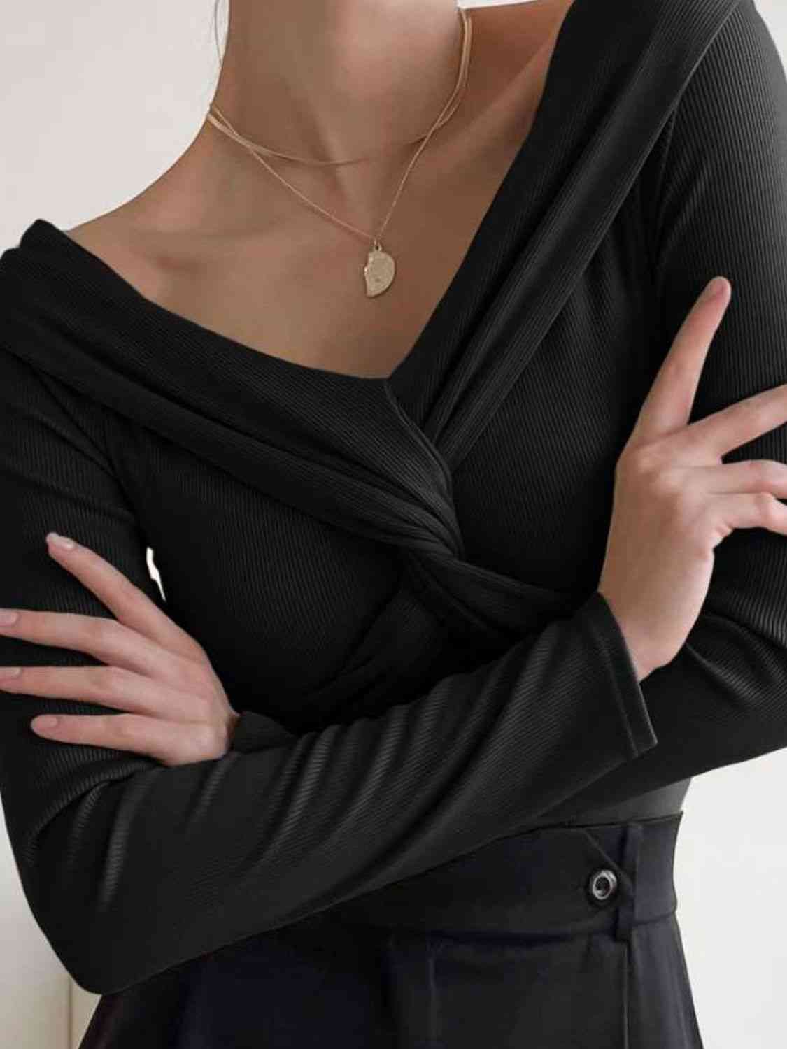 In Charge V-Neck Twisted Long Sleeve Knit Top