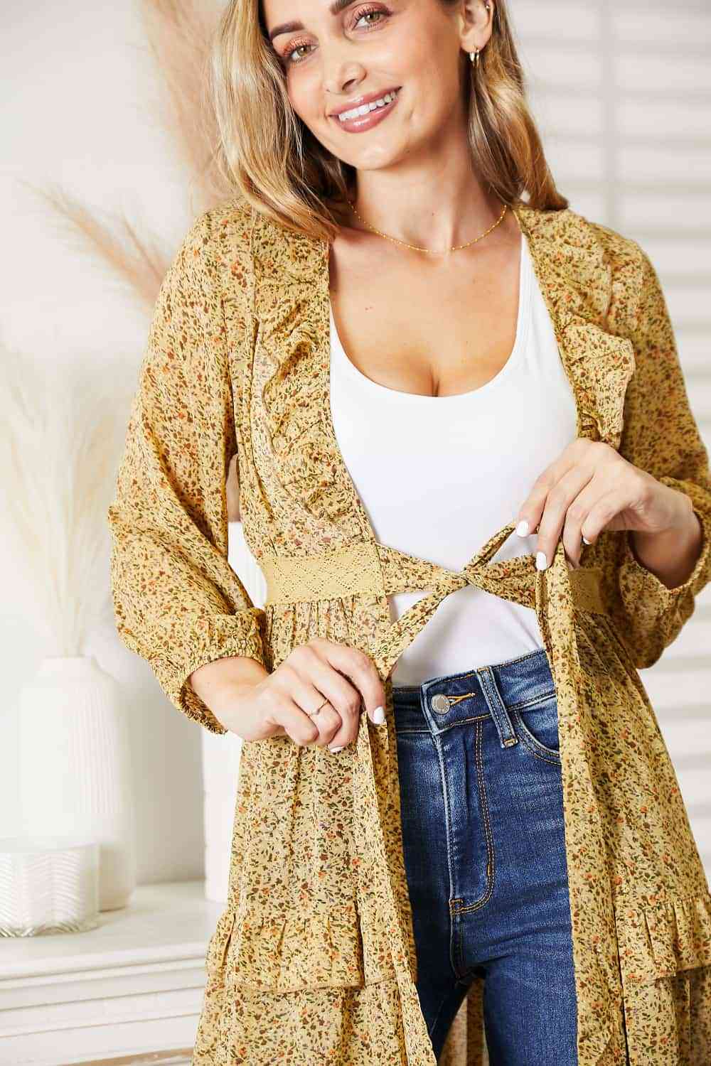 Full Size Tie Front Ruffled Duster Cardigan