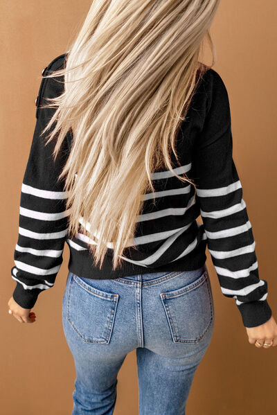 Striped Decorative Button Mock Neck Sweater