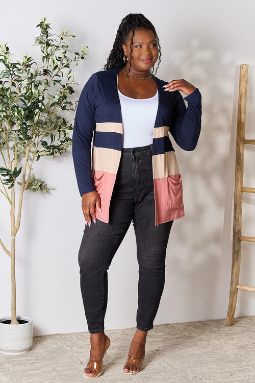 Full Size Color Block Contrast Open Cardigan