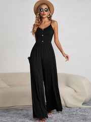 Decorative Button Spaghetti Strap Wide Leg Jumpsuit