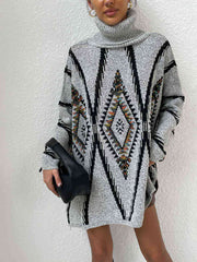 Turtleneck Slit Geometric Sweater