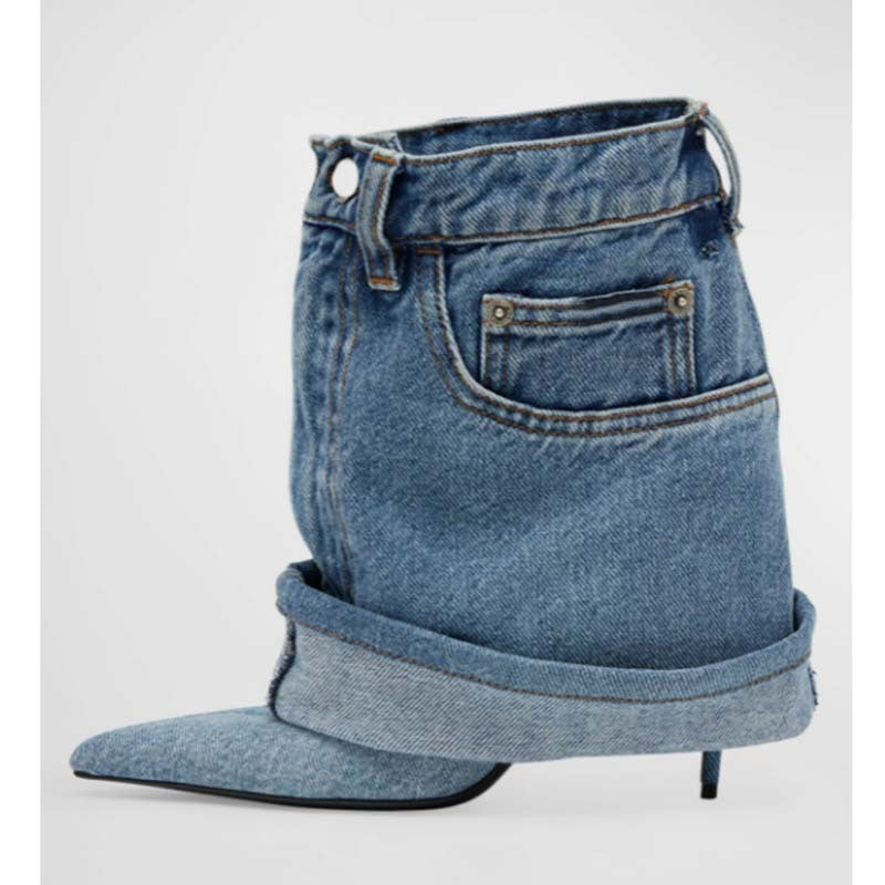 Pointed-toe Washed Denim Pantskirt Stiletto Ankle Boots