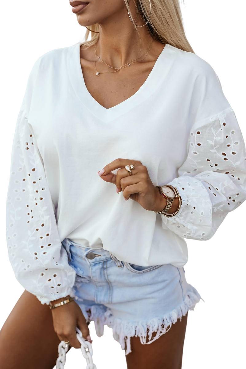 V-Neck Embroidered Splicing Long Sleeve Blouse