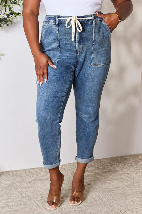 Full Size High Waist Drawstring Denim Jeans