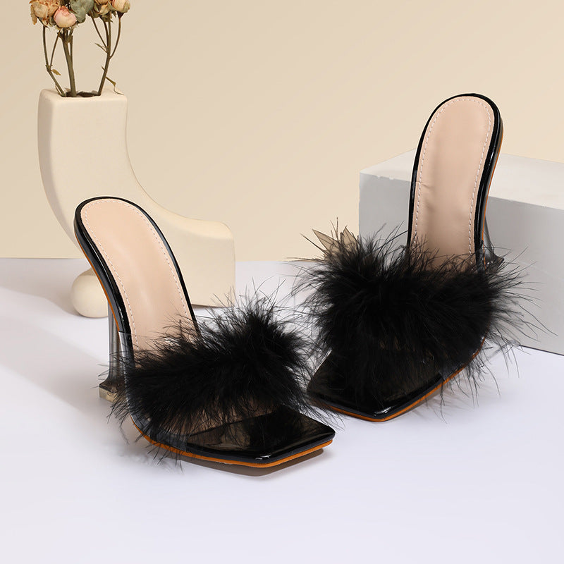 Furry Transparent Broadband Crystal Heels