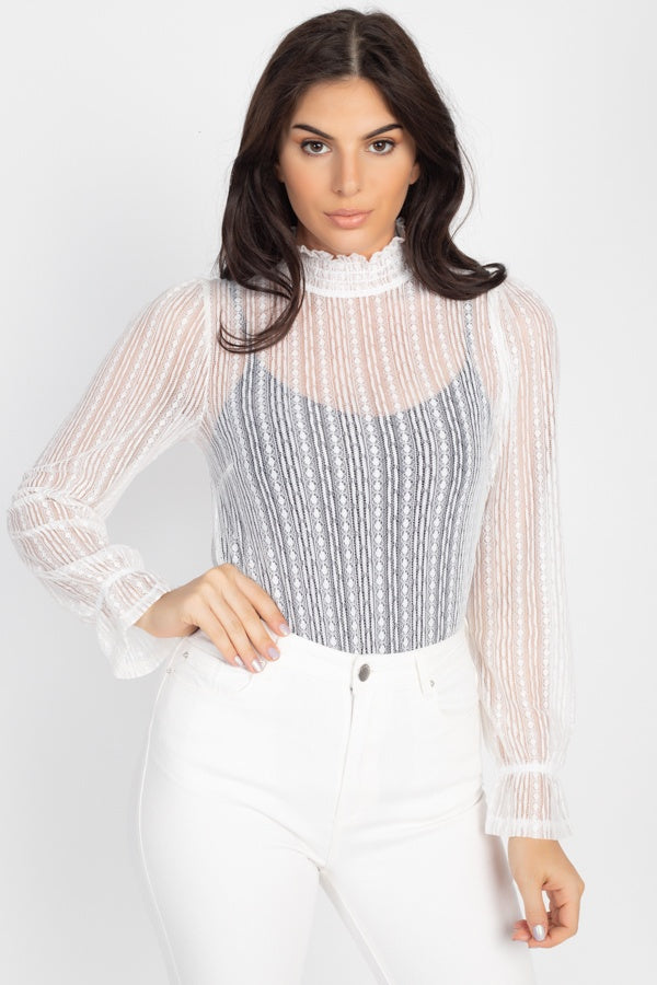 Ruffle Mock Neck Lace Top