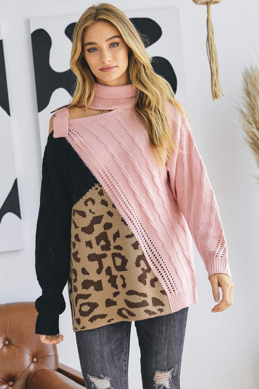 Turtle Neck Color Block Cutout Sweater