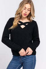 Long Slv X Strap V-neck Sweater